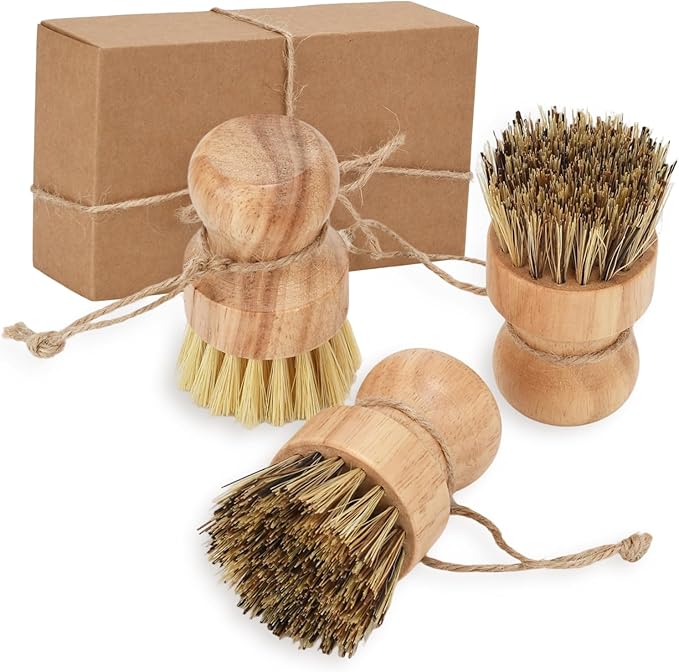 3 Pack Wood Dish Brush Set, Wood Scrub Brush for Dishes with Natural Sisal Bristles for Cleaning Pots, Pans and Vegetables
