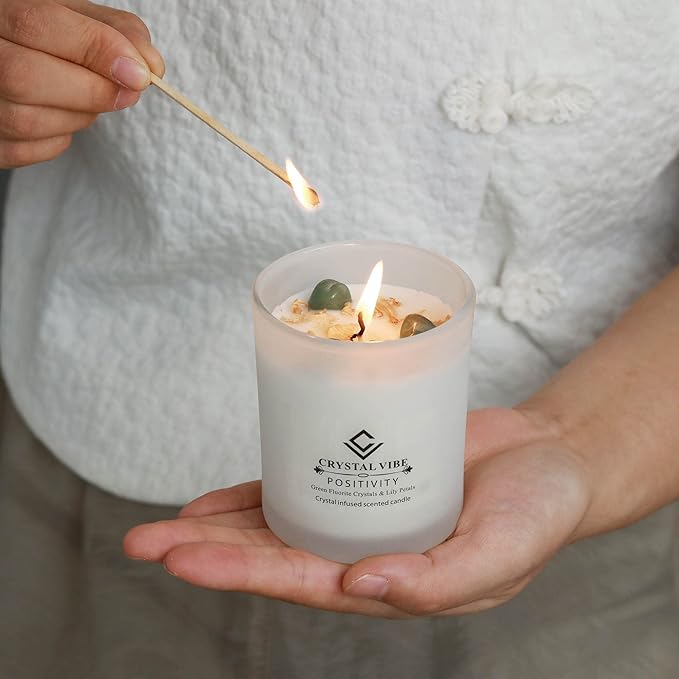 Crystal Vibe Verbena Scented Candle with Green Fluorite Crystals and Lily Petals for Home Decor - Crystal Candle for Positivity - Aromatherapy Candles - Gifts for Christams Birthdays
