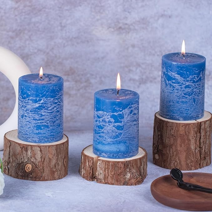 KONNI Blue Pillar Candles Set of 3, 3"x 4" Unscented Pillar Candles Bulk, 39 Hours Long Burning Candles, Smokeless & Dripless Round Candle for Wedding, Home Decoration, Parties, Spas, Dinner