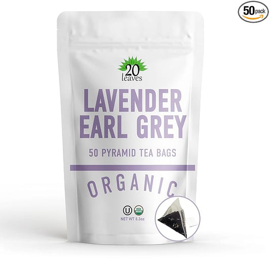 Lavender Earl Grey Black Tea - 100% Certified Organic - 50 Pyramid Tea Bags Sachets in a Resealable Bag