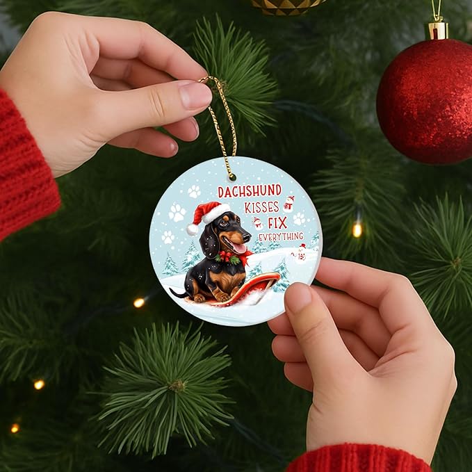 34HD Dachshund Skiing Gifts for Christmas, Dachshund Kisses Fix Everything Christmas Ornament for Tree 2025 Ceramic 2-Side Printed, Dog Lover Gifts for Men Women