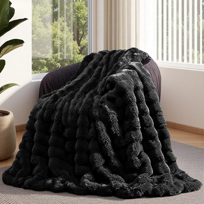 Lotus Karen Faux Fur Blanket - Black Twin Size, Big Bubble Rabbit Fluff, 60x80 Inches