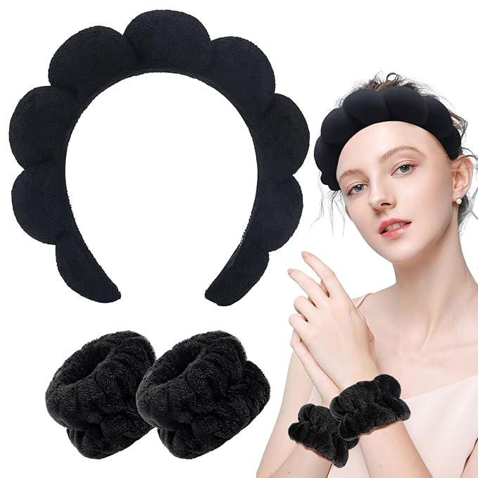 Zkptops Spa Headbands for Washing Face or Facial Sponge Makeup Skin Care Headband Wristband Set Towel Bubble Soft Sponge Hairband for Women Girls Puffy Winter Non Slip Thick Thin Hair Accessory(Black)