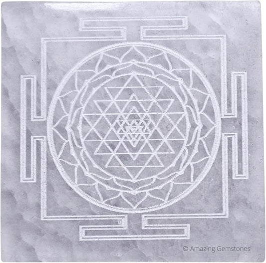 Amazing Gemstone Selenite Crystal Charging Plate For Crystals And Healing Stones, 3" Selenite Crystal Plate Engraved Shree Yantra Coaster For Home, Office Table Decor (Selenite Square)