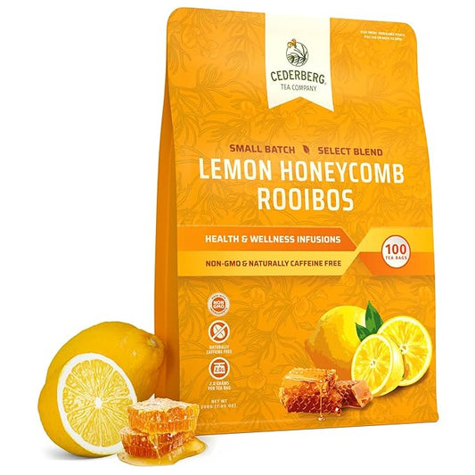 Cederberg Tea Company Lemon Honeycomb Rooibos Tea Bags - Made with Organic Red Rooibos Tea, South African Herbal Tea, Naturally Caffeine Free Tea, Small Batch - Select Blend Non-GMO, Premium Leaf, Antioxidant-Rich, 100 Count