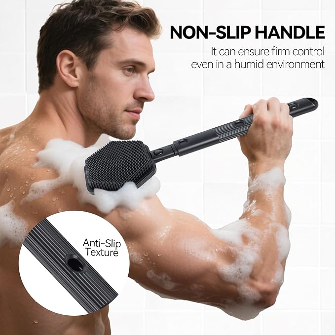 21 Inches Silicone Back Scrubber for Shower - Extendable Shower Brush Long Handle with Stiff and Soft Bristles -Loofah Alternative- Body Exfoliator for Bath or Dry Brush,Men & Woman (Black)