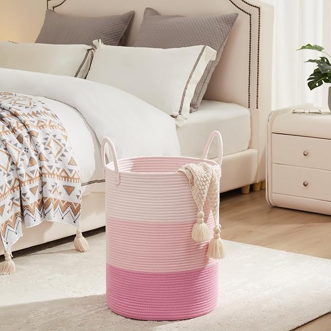 Fiona's magic Cotton Rope Laundry Hamper, Tall Woven Laundry Basket Storage, Baby Nursery Hamper for Blankets, Toys and Clothes Hamper for Bedroom and Living Room Organizing, 58L, Pink