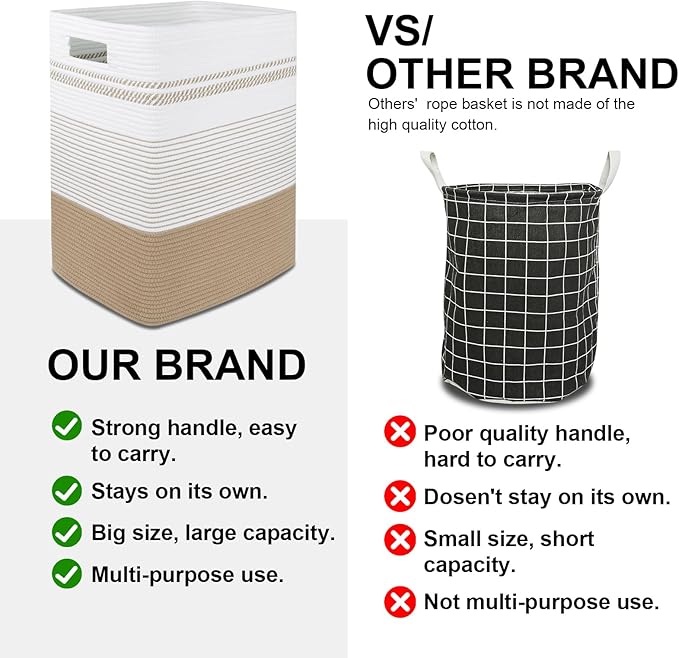 Laundry Hamper, Large Woven Rope Tall Laundry Basket with Handles, 22" X 17" X 13", Decorative Storage Basket for Clothes and Blankets in Living room, Bedroom, Jute & White
