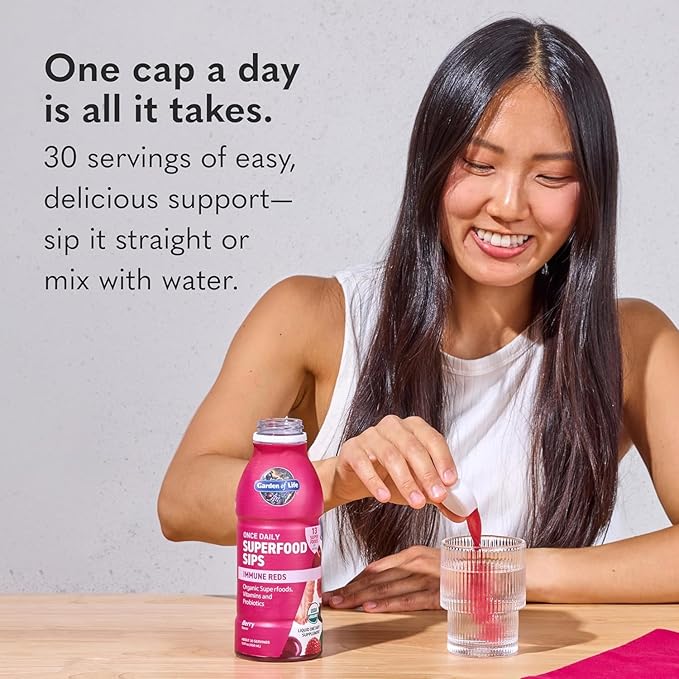 Garden of Life Superfoods Sips, 30 Servings, Vitamins, Probiotics, 13 Organic Superfoods, Functional Mushrooms, Immune Reds, Once Daily, Organic, Vegan, Preservative-Free, Berry Flavor