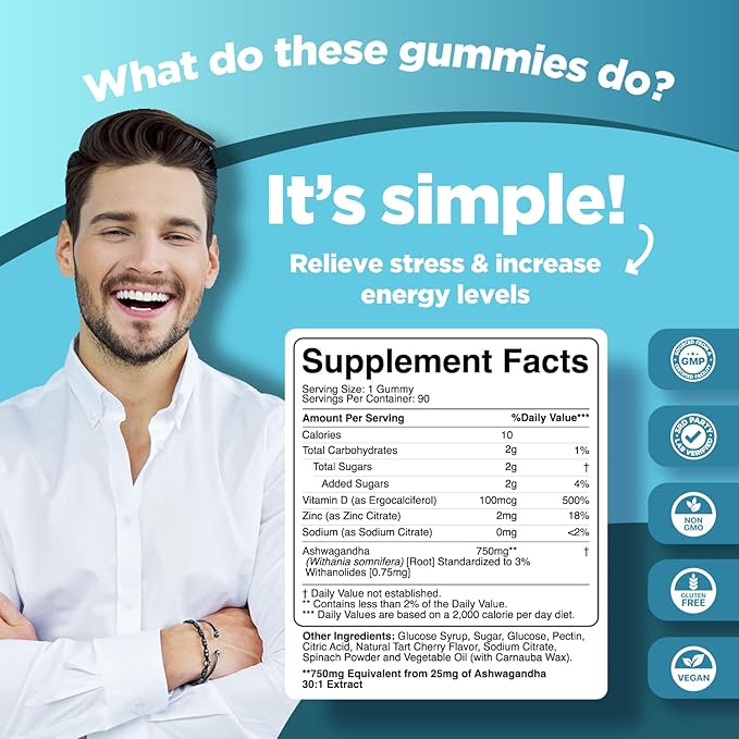 Calming Ashwagandha Gummies for Men and Women - 750mg Equivalent from 30:1 Root Extract with Zinc and Vitamin D - Tasty Adaptogen Stress Gummies for Adults for Energy & Mood Support (90 Servings)