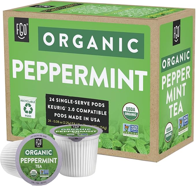 FGO Organic Peppermint Tea K-Cup Pods for Keurig, 24 Count (Pack of 1), Naturally Caffeine-Free Herbal Tea, USDA Organic, Non-GMO, & Recyclable