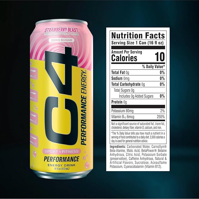 Cellucor C4 Performance Energy Drink | Strawberry Blast | Zero Sugar Carbonated Preworkout Energy | 200mg Caffeine with Beta Alanine | 16 Fl Oz (24 Pack)
