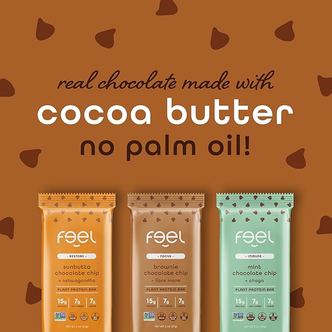 Feel Vegan Protein Bars | Chocolate Lovers | Keto | Gluten Free | Organic | Lions Mane | Chaga | Ashwagandha | 15g Protein | Low Sugar | Non GMO | Sunbutta + Brownie + Mint - 9 Pack