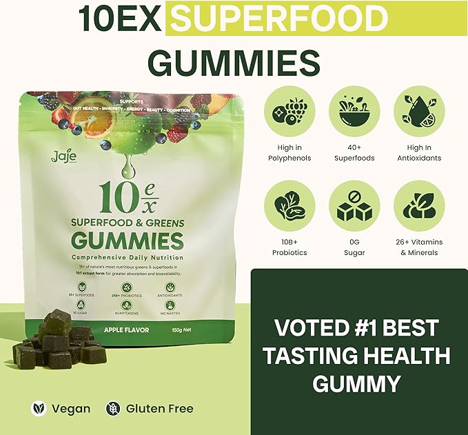 10ex Supergreens Gummies w/Probiotics. 40 Superfoods & Super Greens. 10x More Nutrients. Multivitamins & Antioxidants from Whole Foods. Healthy Snacks for Adults. Keto, Low Carb, Low Calorie Snacks.