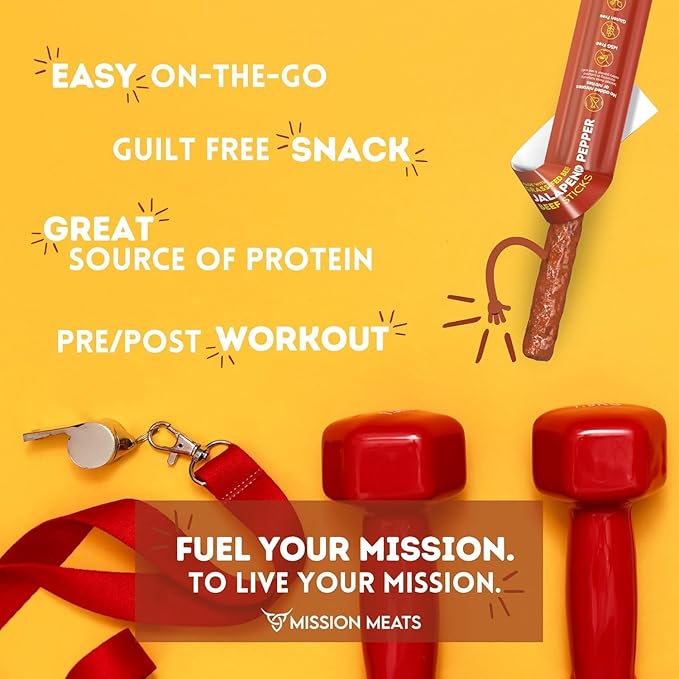 Mission Meats Beef Sticks – 100% Grass Fed & Pasture Raised, Sugar Free, Individually Wrapped Healthy Snacks, Whole 30 & Paleo Friendly, Jalapeno 1oz (Pack of 24)
