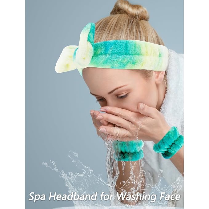 VELSCRUN Spa Headband, Makeup Face Wash Skincare Headbands, 6 Pcs Green Colorful Sponge Bow Tie Get Ready HairBand Facial Wristband Set, Stuff for Teen Girls Women Trendy Fashion Hair Accessories