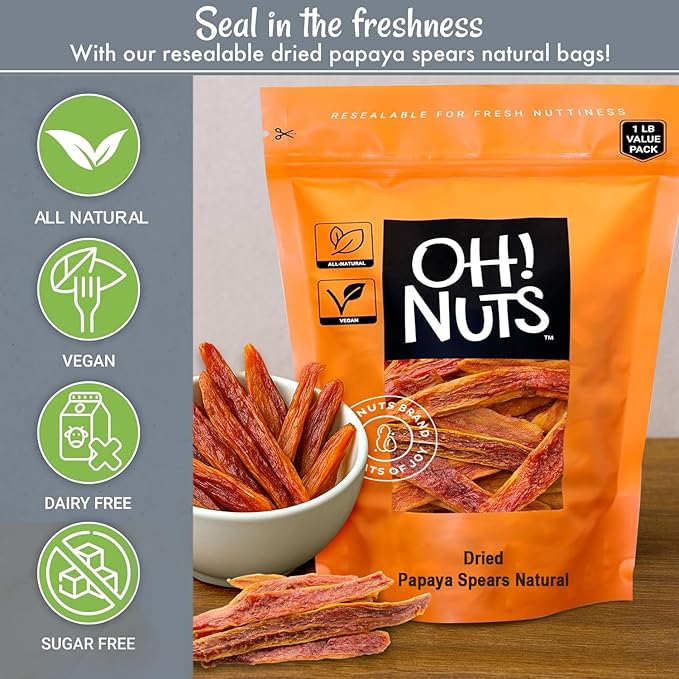 Oh! Nuts Dried Papaya Spears Natural - 1LB - Organic Unsweetened Dried Papaya Spears - Dehydrated Fruit Bites - Packed in New York Zip-Seal Bag for Exceptional Freshness