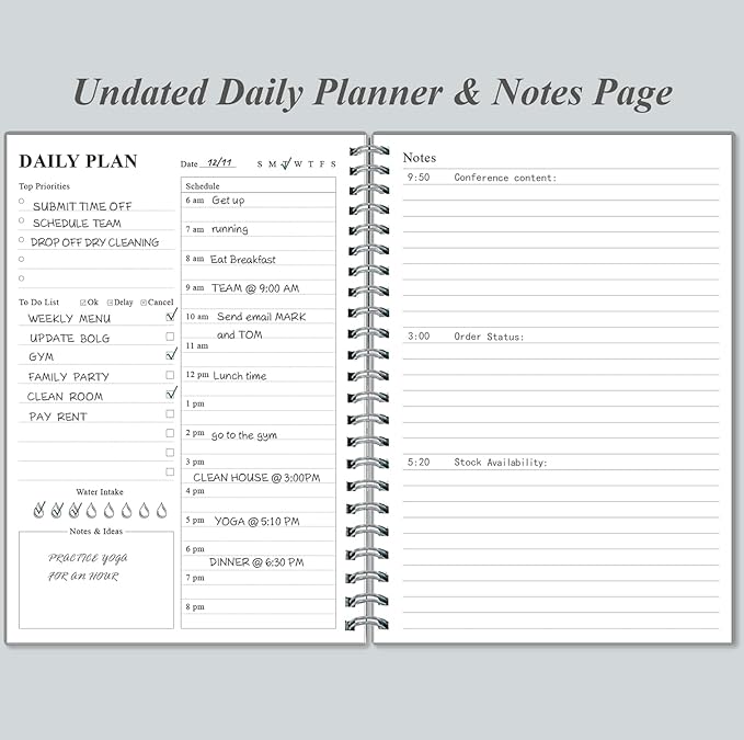 Daily Planner Undated - A5 To Do List Notebook Hourly Schedules, Spiral Appointment Planner for Women and Men, PVC Hardcover, Inner Pocket, Elastic Closure, 5.8" x 8.3", Grey