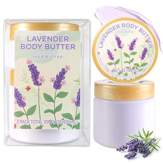 Lavender Body Butter, Natural Shea Body Butter for Dry Skin, Womens and Mens Body Care, Body Care for Deep Moisturizing and Hydrating-3.4 floz+6.8 floz