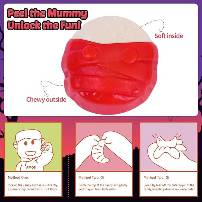 AMOS Halloween Peelerz 4D Mummy Gummies Candy Halloween Candy Treats for Kids, Trick or Treat, Parties, School Events & Movie Nights, Individually Wrapped Bulk Gummy Snacks, 240g (8.47oz) Pack
