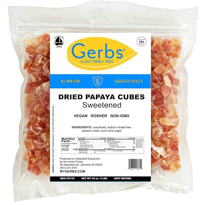 Gerbs Lightly Sweetened Dried Papaya Cubes 2 lbs. | Unsulfured, No Additives, Resealable Bag | Naturally Sweet & Chewy | Top 14 Allergen-Free
