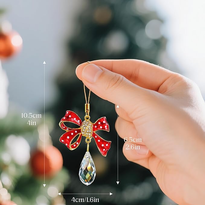 H&D HYALINE & DORA 6 Pcs Red Bow Ornaments for Christmas Tree Decorations Rhinestones Bow Crystal Suncatcher Gifts Hanging Ornaments for Home Xmas Holiday Decor