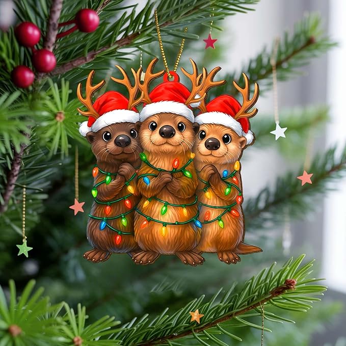 2 Side Printed Flat Christmas Wooden Ornaments, Animal Keepsake Hanging Tree Decoration, Funny Otter Ornament