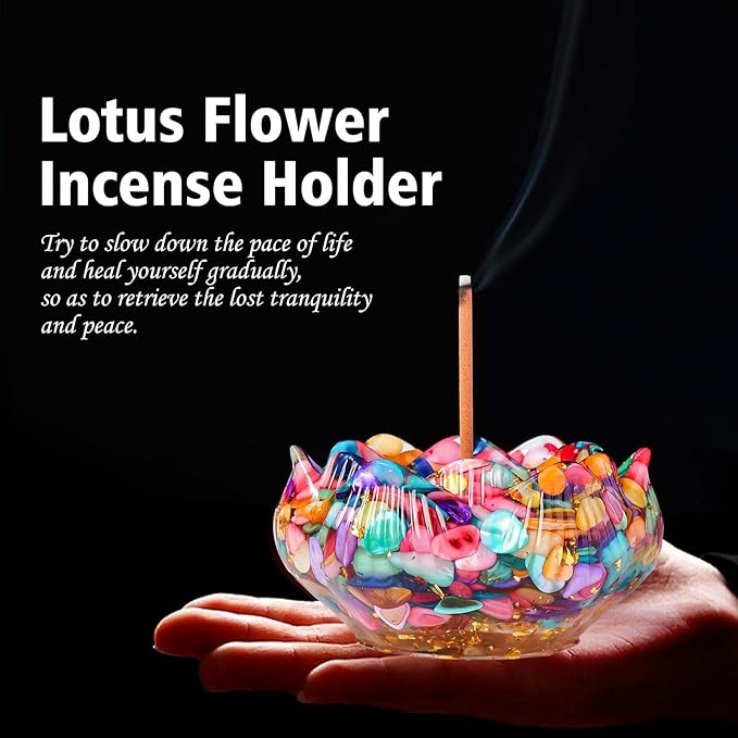 Incense Holder Burner 40 Incense Sticks Resin Crystal Lotus Flower Incense Holder for Inserting Incense Removable Ash Collector for Meditation Room and Home Decor (Colorful, 3.15")