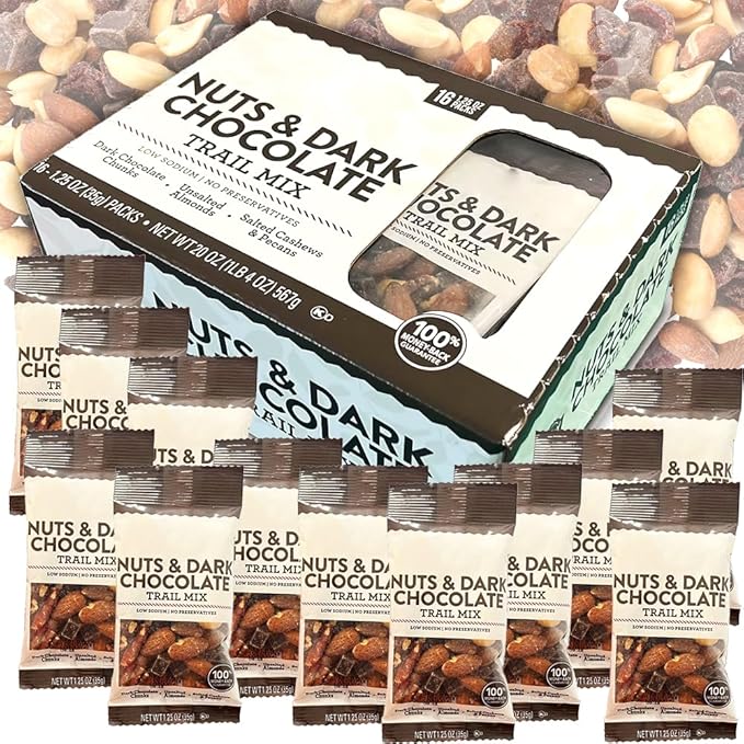 Mixed Nuts & Dark Chocolate Trail Mix | Almond Cashew Peacan & Decadent Dark Chocolate | Everyday Snack Travel School Lunch Office Energy Booster Kids Adults (16 Pouch Bags (1.25 oz Each), Nuts & Chocolate)