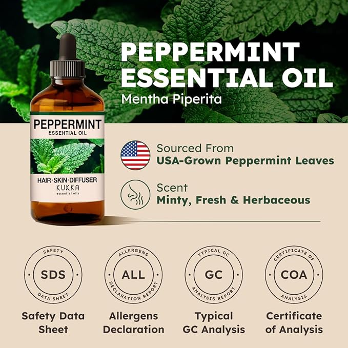 KUKKA Peppermint Essential Oils - 4 Fl Oz - for Hair, Skin, Diffuser, Aromatherapy & DIY Soap Making Scent