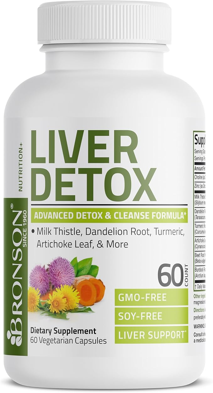 Bronson Liver Detox Advanced Detox & Cleansing Formula Supports Health Liver Function with Milk Thistle, Dandelion Root, Turmeric, Artichoke Leaf & More, Non-GMO, 60 Vegetarian Capsules