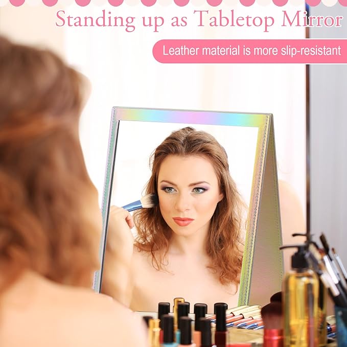 Chunful Foldable Backstage Mirror with Handle Holographic 33.5 X 13.4 Inch Folding Hanging Mirror Rectangular for Travel Dance Bag Home Fitness Spa Gift for Dancers (White)