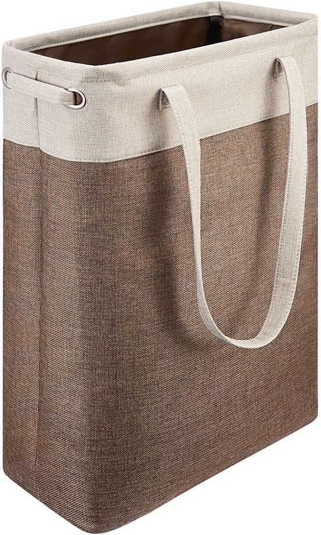i BKGOO Laundry Basket with Handles Beige&Brown Slim Laundry Bin Collapsible Dirty Clothes Basket Narrow Laundry Bag Foldable Dirty Hamper for Camping, Dorms, Apartments
