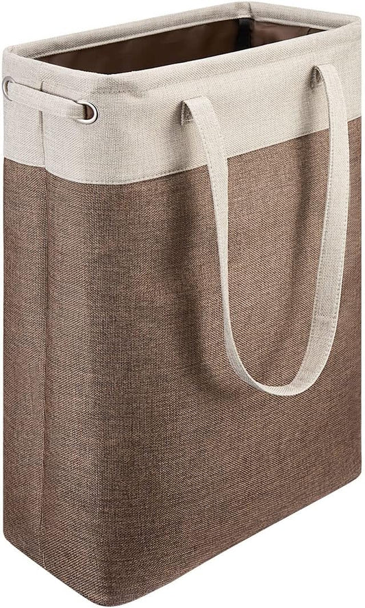 i BKGOO Laundry Basket with Handles Beige&Brown Slim Laundry Bin Collapsible Dirty Clothes Basket Narrow Laundry Bag Foldable Dirty Hamper for Camping, Dorms, Apartments