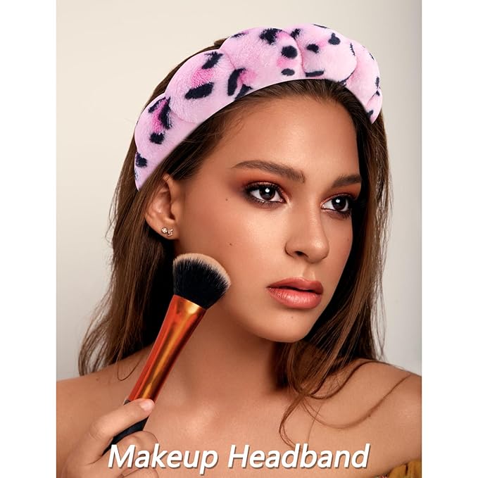 VELSCRUN 6 Pack Spa Headband, Makeup Headband, Face Wash Headbands, Skincare Headbands, Pink Leopard Sponge Hair Band Bow Tie Spa Head Band for Washing Face Wristband Set Hair Accessories for Women