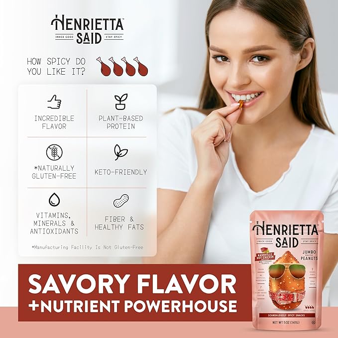 Henrietta Said Wing-Flavored Peanuts - Truly Good Foods Snacking Nuts - Bold Flavors - Savory & Spicy Jumbo Flavored Peanuts - Vegan Snack -(5-oz) - Nashville Hot Chicken With Pickle