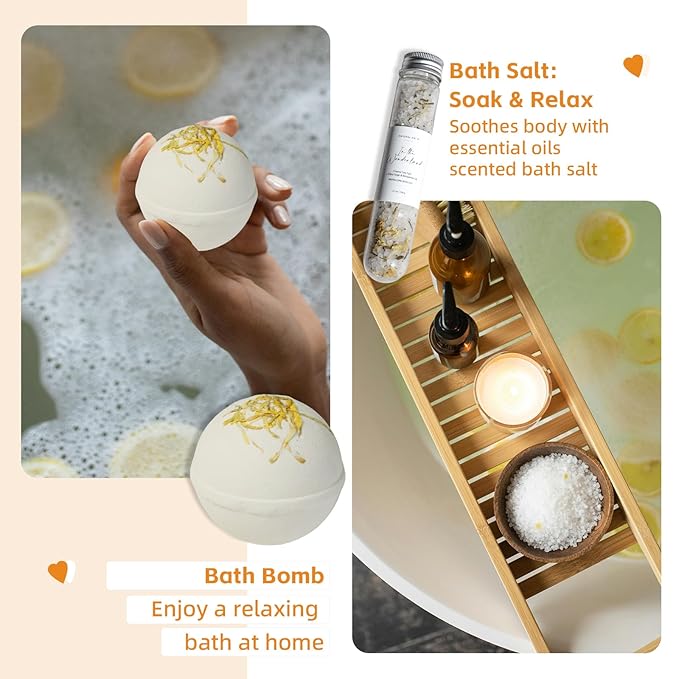 Natural Amor Handmade Spa Gifts for Women, Relaxing 5pcs Spa Gift Set for Women Including Citrus Handmade Soap Bar, Soy Candle, Bath Salt, Bath Bomb