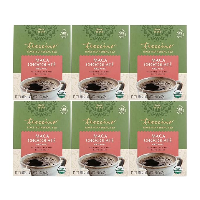 Teeccino Maca Chocolaté Herbal Tea - Rich & Roasted Herbal Tea That’s Caffeine Free & Prebiotic with Natural Energy from Adaptogenic Peruvian Maca, 10 Tea Bags (Pack of 6)