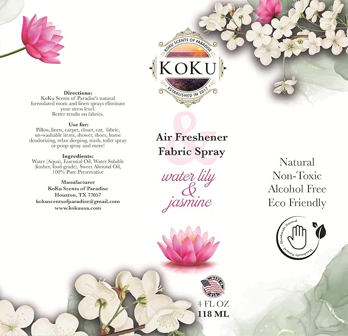 Water Lily Jasmine Air Freshener - Room Spray - Odor Eliminator - Deodorizer - Car Air Freshener - Home Spray - Linen Spray - Fabric Refresher - None Toxic - Alcohol Free - Made in USA (4 Oz)