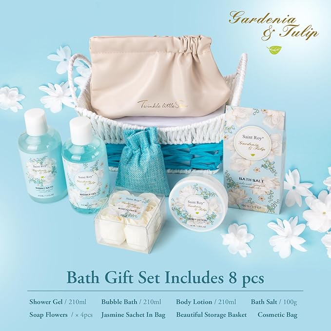 Christmas Gifts for Women bath basket, Spa Gift Baskets for Women, Gardenia Tulip Home Spa Kit with Cosmetic Bag gift woman, Bath & Body Basket Set 8Pcs Bath and Body Gifts Set, Luxury Spa baskets