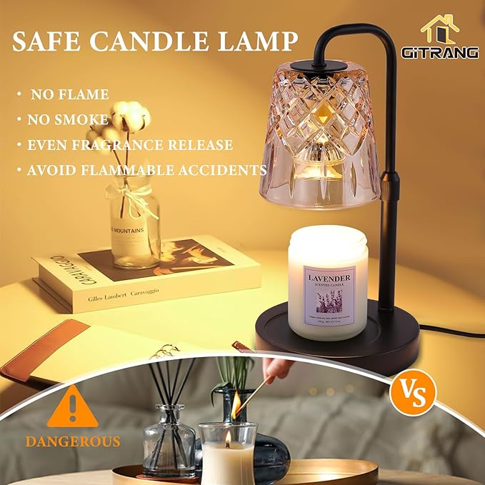 Candle Warming Lamp with Timer Dimmer, Adjustable Height Electric Wax Melt Warmer for Jar Candles with 3 Bulbs, Mother's Day Women's Home Decor Gift, Round Base with Black Pole