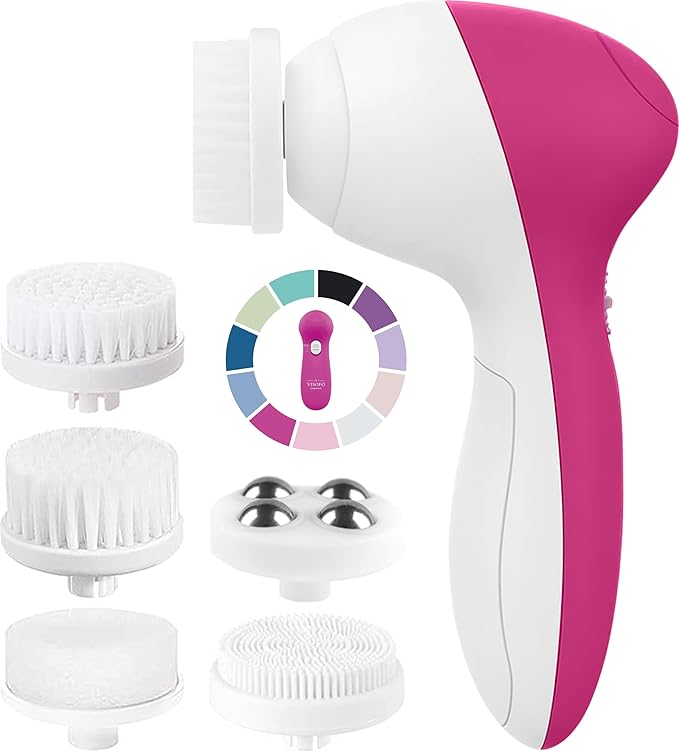 Face Scrubber | Facial Cleansing Brush Exfoliator Skin Care Products Beauty Products Powered Electric Wash Exfoliating Spin Cleanser Cleaning Scrub Including 7 Heads (Rubellite)