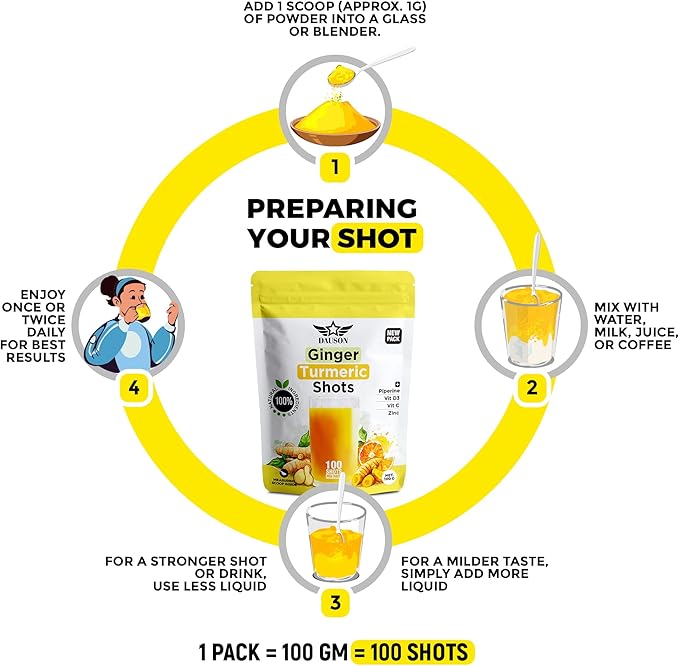 Ginger Turmeric Supplements with Piperine, Vitamin C, Vitamin D3 & Zinc | Turmeric Ginger Shots for Joint, Heart, Brain, Gut & Skin Health | 100 Servings | Ayurvedic | Powder