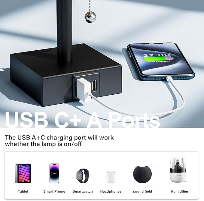 Fenmzee Bedside Lamps for Bedroom Set of 2 - Small Rectangular Nightstand Lamp with USB A C Charging Port, 3 Color Temperatures Desk Light with Bulb, Tabletop Reading Lamp for Living Room/Dorm/Office