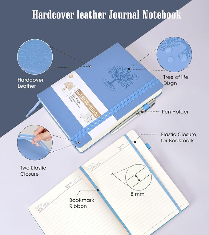 Lined Journal Notebook, 365 Pages B5 Large Hardcover Leather Journal for Women Men, College Ruled, 100Gsm Thick Paper (7.6'' X 10'' Blue)