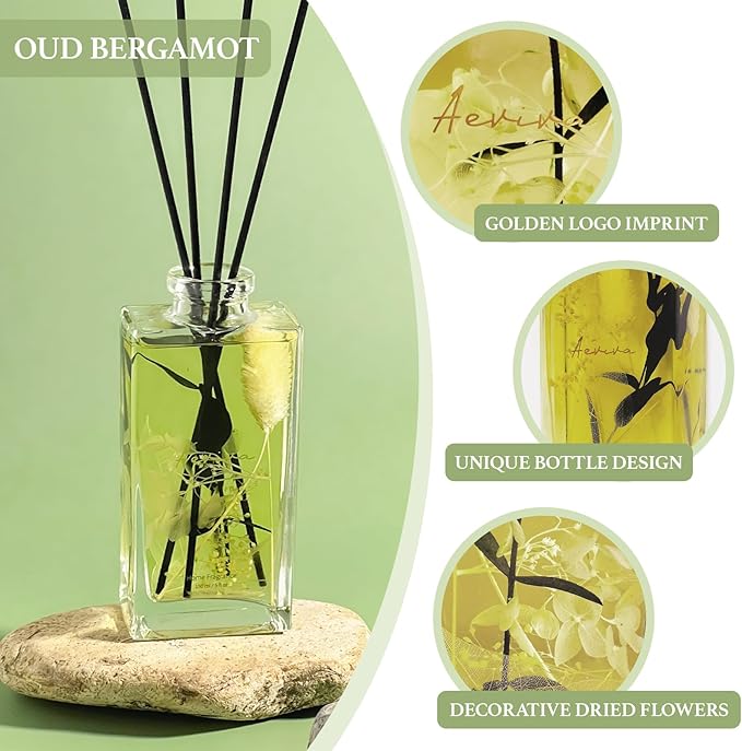 Reed Diffuser Set, 5 fl oz Oud Bergamot Scented Oil Diffuser, Home Fragrance with Cotton Reed Sticks for Bedroom, Office, Bathroom Shelf Decor & Gifts