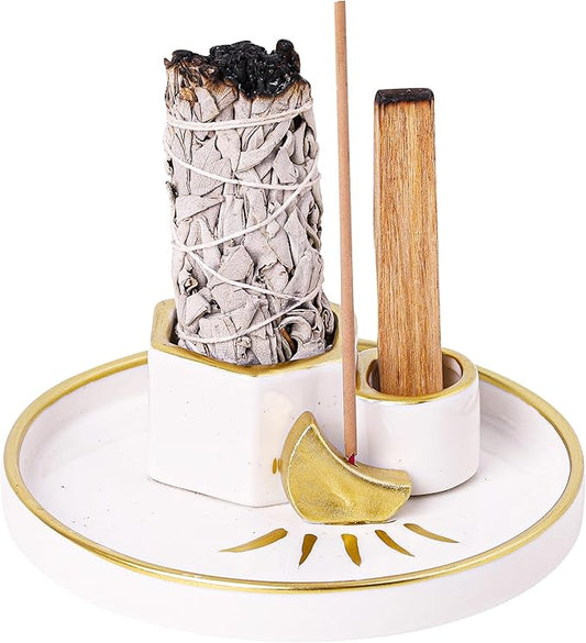 Ceramic Incense Holder Burner, Sage Holder for Burning, Palo Santo Sticks Holder, 5.51" Ash Catch Tray, Smudge Dish for Meditation Yoga, Modern Home Decor Gift