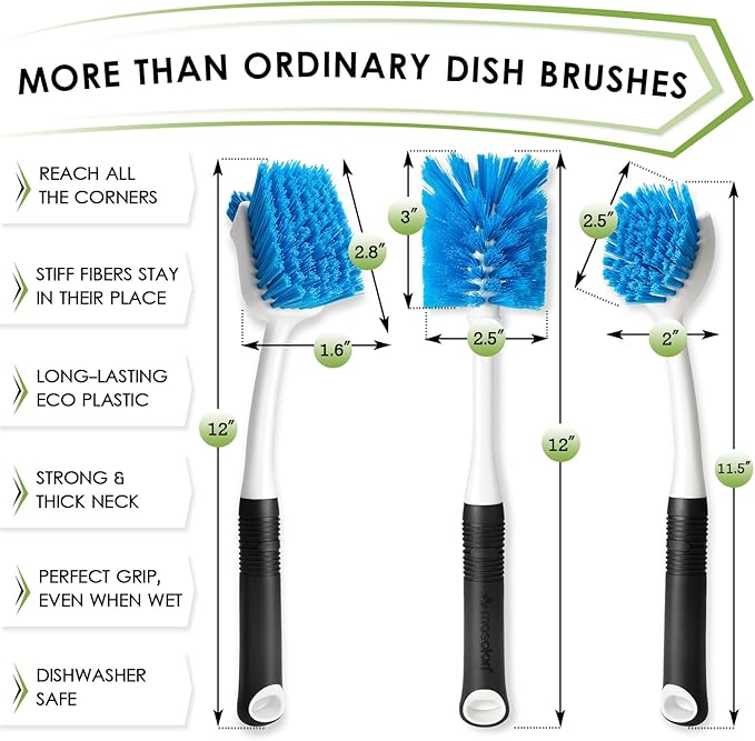 Dish Brush Set of 3 with Water Bottle Brush, Dish Scrub Brush and Scrubber Brush, Long Handle Kitchen Scrub Brushes for Dishes, Bottles, Cups, Pots, Pans and Sinks, Flat Head