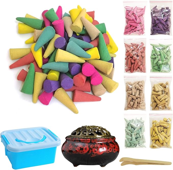 Incense Cones， 8 Mixed (320 Cones Total) Cone Incense Scents, and A Ceramic Incense Burner. Natural Scent Cone， for Meditation, Yoga, Purification, and Aromatherapy.