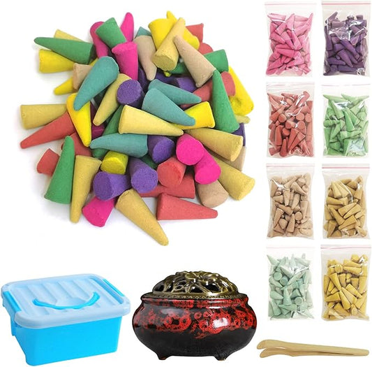 Incense Cones， 8 Mixed (320 Cones Total) Cone Incense Scents, and A Ceramic Incense Burner. Natural Scent Cone， for Meditation, Yoga, Purification, and Aromatherapy.